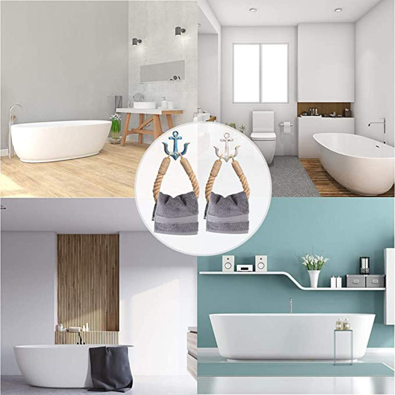2 Pcs Nautical Rope Toilet Paper Holder Wall-Mounted Towel Ring Nautical Toilet Paper Holder with Metal Hooks Coastal Towel Rack Natural Antique Rope （Blue+Blue） Blue+blue