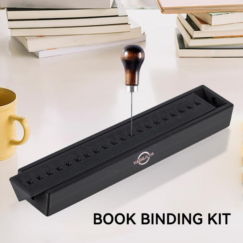 11.8 Inch Signature Punching Tools for Book Binding Kits - Bookbinding Kit with Waxed Thread, Needle,Binder Paper Clips, Awl and Cradle - for DIY Bookbinding Crafts and Sewing Supplies Black
