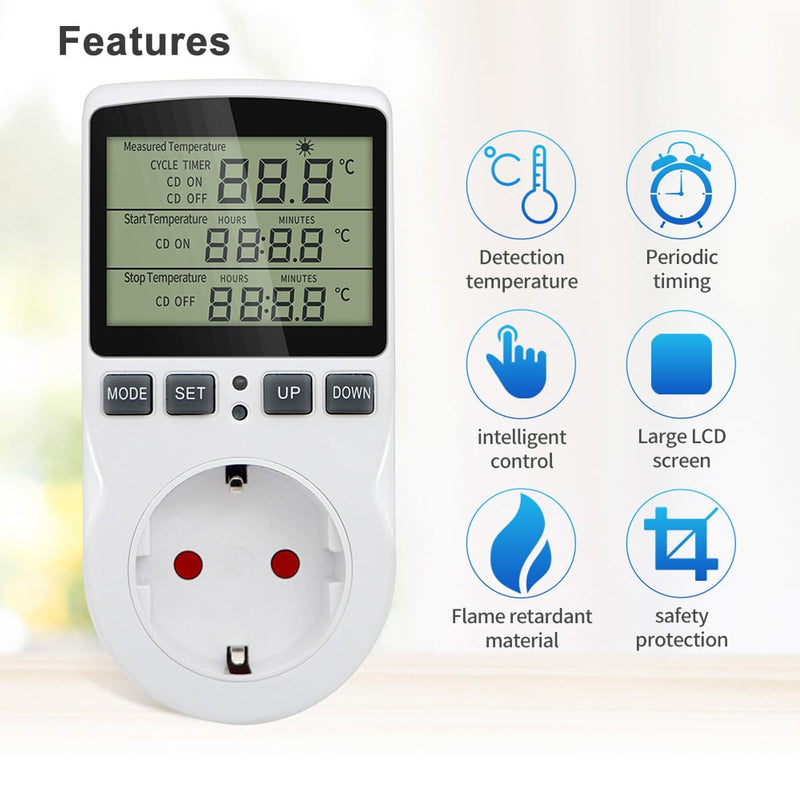 Greluma 1 Piece AC 230V Digital Temperature Controller Socket with Sensor Probe, Heating Cooling Thermostat Socket with Timer, LED Display Thermostat Switch for Greenhouse, Aquarium
