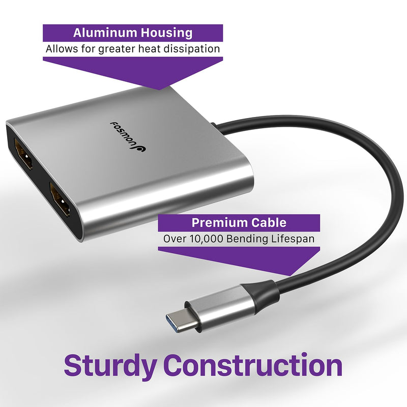 Fosmon USB C to HDMI Adapter (4k@60Hz), Dual HDMI Output with Aluminum Body, USB C Extender compatible with MacBook Pro/Air, iPhone15 Pro max, Dell, Lenovo, Samsung Galaxy