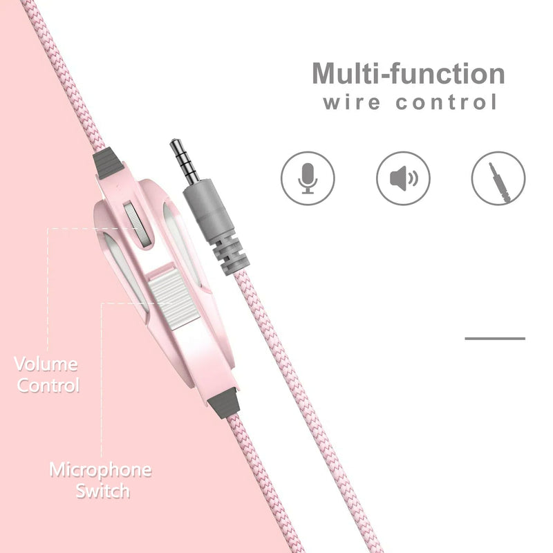Pink Gaming Headset with Mic for PC Computer Mac Laptop, Over-Ear Wired Gaming Headphones with Microphone, Volume Control, Compatible with PS4 Xbox PS5 Controller Phone