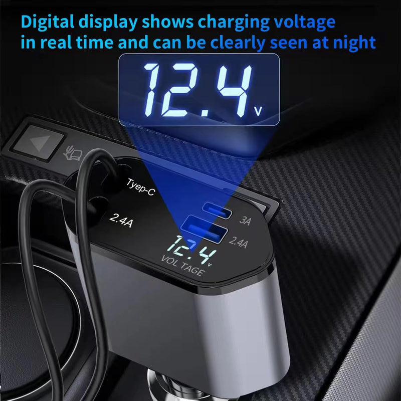 Retractable Car Charger, 4 in 1 Fast Car Phone Charger 100W with Cord 2.6ft, Retractable Cable and 2 USB Ports Car Charger Adapter for iPhone 15 14 13 12 Pro Max, Galaxy S23