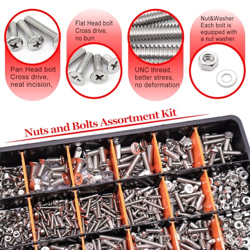 Twidec/1605PCS Nuts and Bolts Assortment Kit,Machine Screws,304 Stainless Steel Phillips Pan Head and Flat Head Screws #4-40#6-32#8-32#10-24#1/4-20 with Nuts, Bolts,Washers in the Storage Case
