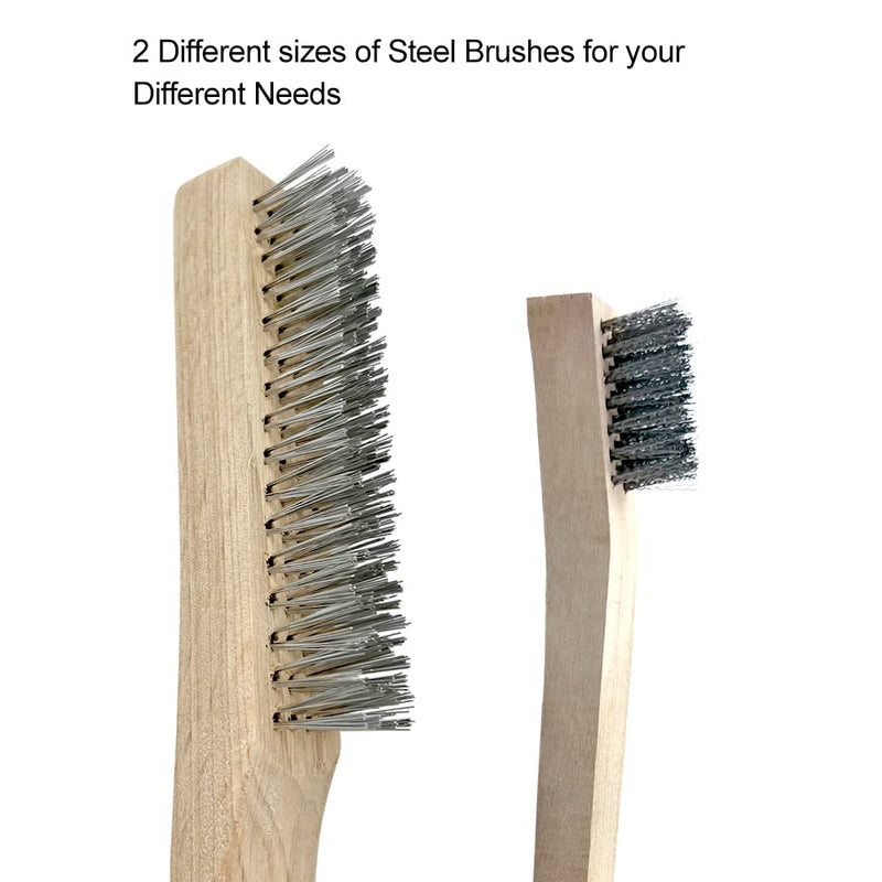 NICAVKIT 5-piece hand wire brush set, wire brushes with wooden handle, 3 x large stainless steel brush 250 mm, 2 x small stainless steel brush 205 mm, metal brush hand wire brush set for metal, wood, grill