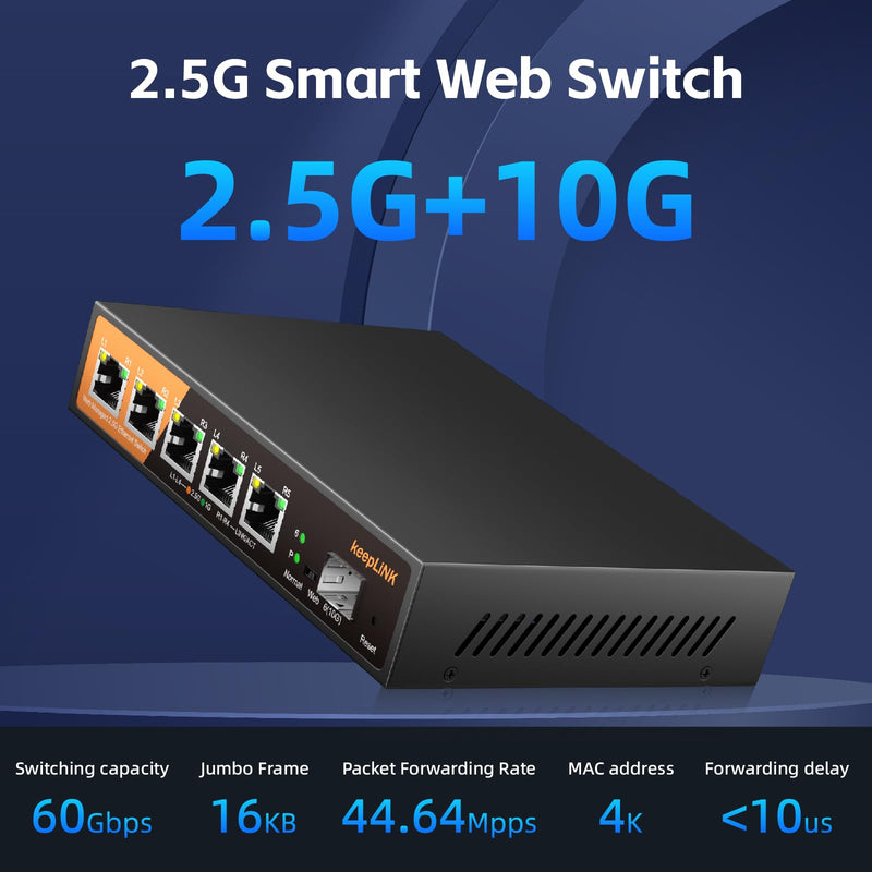 6 Port 2.5G Web Smart Managed Ethernet Switch with 5 x 2.5G Base-T Ports, 1 x 10G SFP+, Static Aggregation, QoS/VLAN/IGMP, Metal Housing Fanless, Desktop/Wall-Mount 5 Port 2.5G Switch Managed