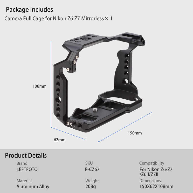 Leftfoto Camera Full Cage for Nikon Z6II Z7II Z6 Z7 Z6ii Z7II Mirrorless Protection Frame Rig with Arca Base,Video Cage for Vlog Video Shooting