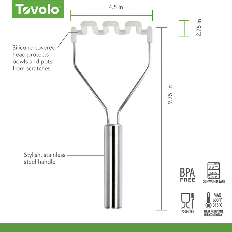 Tovolo Silicone Potato Masher Stainless Steel Handle White Dishwasher Safe Heat Resistant Non Scratch Handheld Coil Wire Potato Smasher for Nonstick Pans Ergonomic Kitchen Food Prep Tool