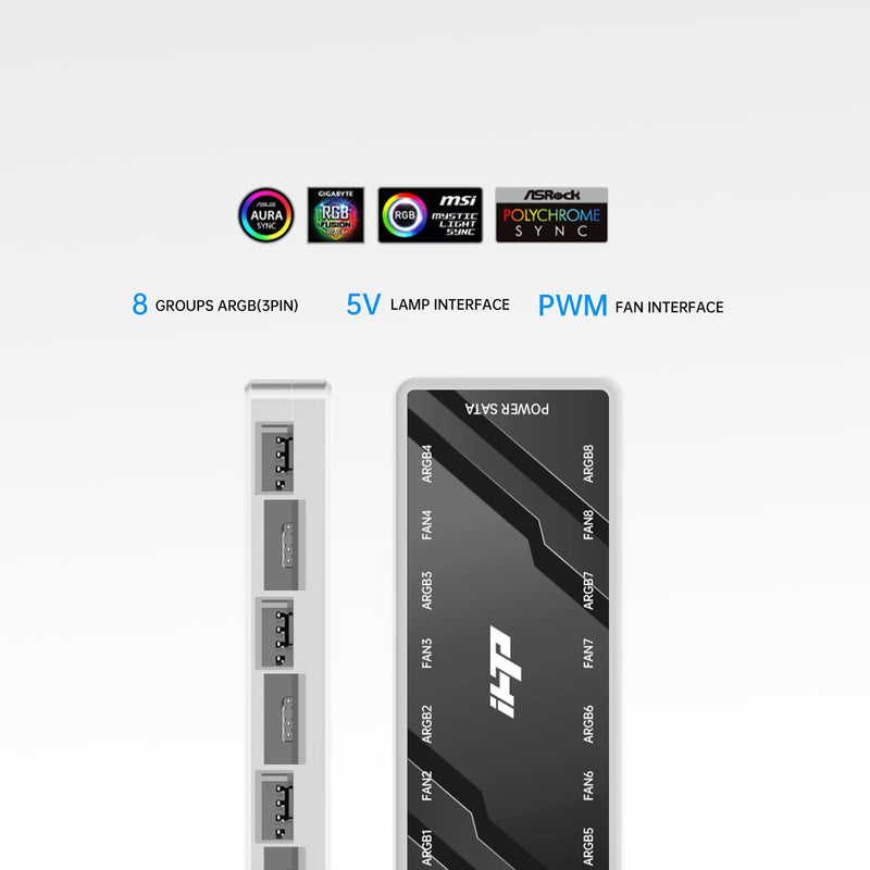 Fan Hub,2in 1 ARGB&PWM Fan Hub,Total 16 Ports can Control up to 8 ARGB Chassis case Fans,SATA Power and Magnetic Base Greater Flexibility. White