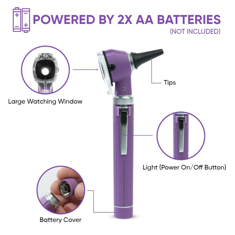Otoscope with Light, Fibre Optic Ear Scope for Kids & Adults, 3X Zoom Magnifying Glass, LED Ear Infection Checker with 10 Disposable Specula, Nylon Case, 6 Colors Medical Grade(Purple Color) Purple