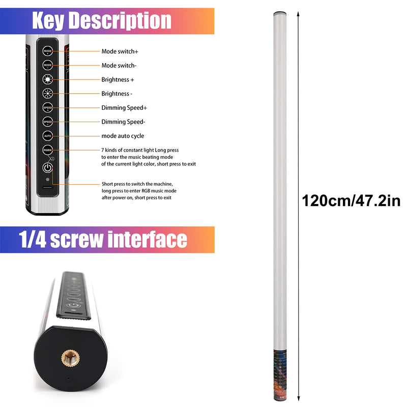 Portable LED Video Light Mood1 Photography Light Stick,Dimmable & Memory,Built-in 2000mAh Battery,4FT RGB Photo Lamp for YouTube,TikTok,Game Streaming,Party Bar (120cm) 120cm