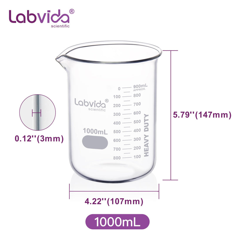 2pcs 1000ml Upgrated Thick Glass Beakers, Griffin Low Form Beaker Set with Double Scale, 3.3 Boro, LVA014 2pcs of Vol.1000ml