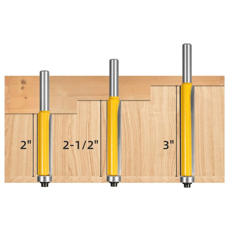 BIGP 3-Piece 8 mm Shank Flush Cutter Set, Top with Ball Bearing Flush Drill, Extra Long, Straight Cutter, Cutting Blade for Woodworking
