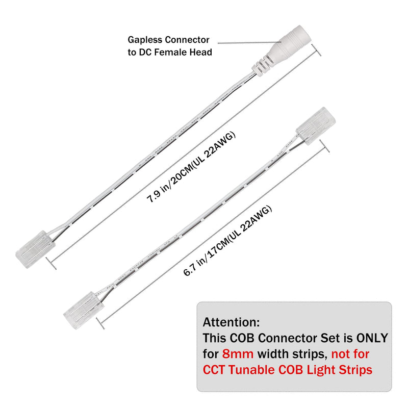 COB LED strip connector set for 8mm width COB strip 2Pin, 4 pieces transparent center connectors, 2 pieces L-shape, 1 piece T-shape and 4 pieces dual-end extension wires 15cm with 1 piece DC 8mm COB connector upgraded