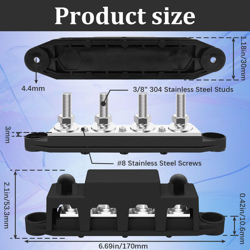 250A 12V Bus Bar Marine 12V,Power Distribution Block with Cover with 4 x 3/8”Post 3 x #8 Screws Terminals,Battery Bus Bar with 4PCS Battery Lugs and 4PCS Heat Shrink Tubing for Car Boat Solar Wiring 250A 4x3/8"+3x#8(M4)