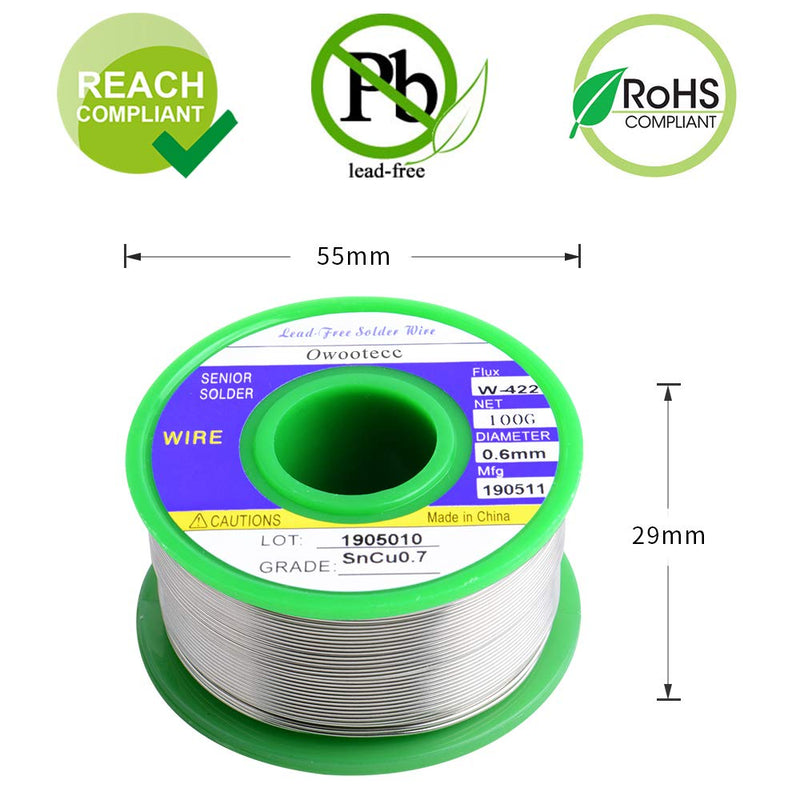 Owootecc solder, lead-free soldering wire with rosin core (Sn99.3 Cu0.7/0.6mm, 100g) for electric soldering and DIY Sn99.3 Cu0.7/0.6mm, 100g