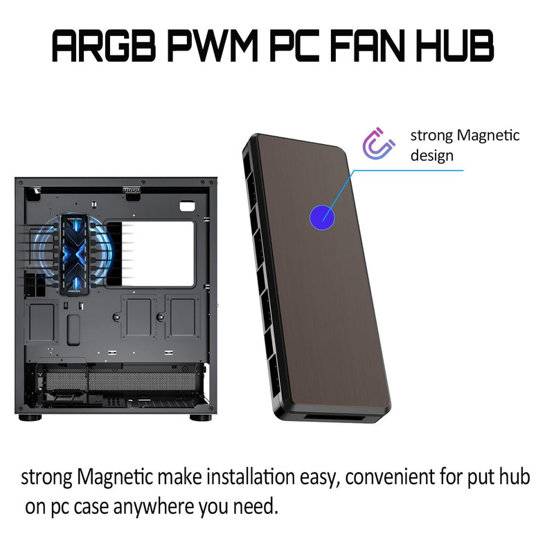 ARGB PWM Fan Hub, Addressable 5V 3PIN 12V 4PIN PWM 2-in-1 RGB Case Fan Hub with Magnetic, PSU SATA Power Input, 8 Port for Fans and 8 Port for LEDs, Support 8 Computer ARGB PWM PC Fans