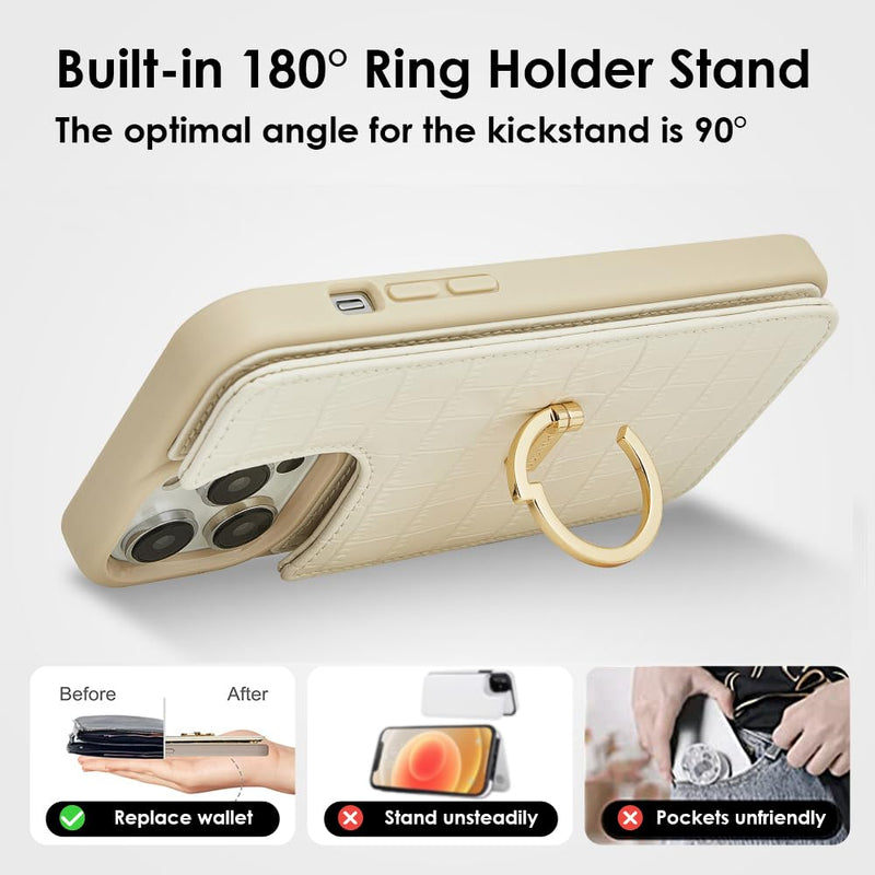 CUSTYPE for iPhone 14 Pro Max case Wallet with Card Holder, 180° Rotation Ring Holder Stand Card Slots Case, Leather Double Snap Cover with Wallet for Women and Men 6.7 "-Beige iPhone 14 Pro Max 6.7" Beige