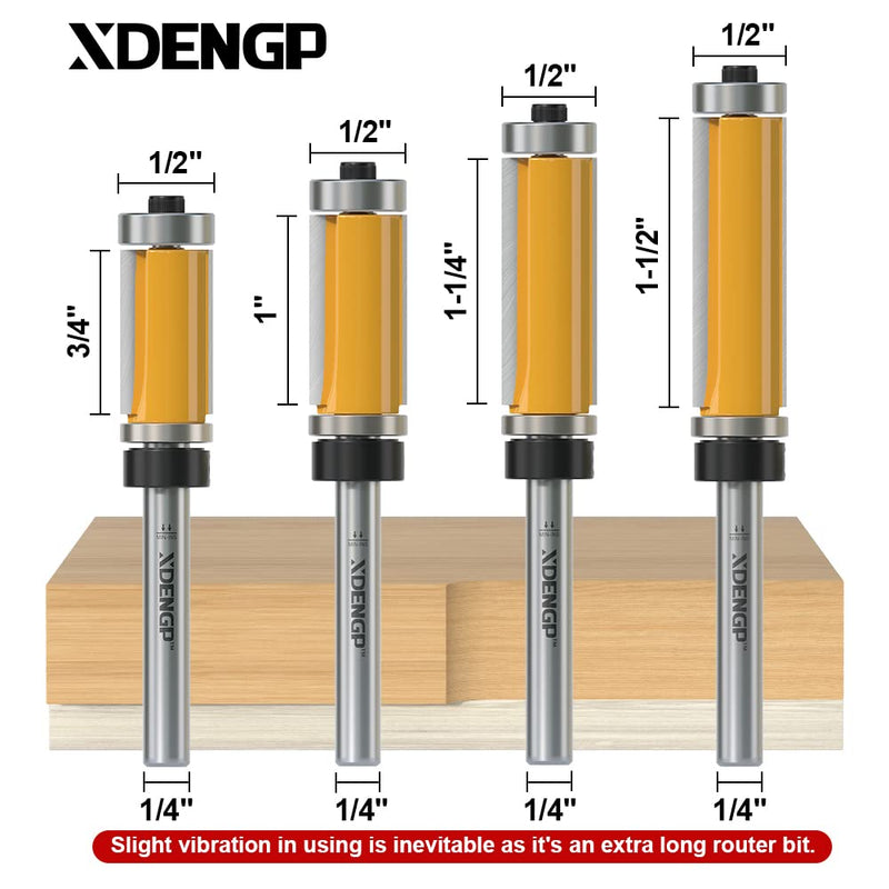 4 PCS Top and Bottom Bearing Flush Trim Router Bits Set 1/4 Inch Shank, 1/2 Inch Cutting Diameter, 3/4", 1", 1-1/4", 1-1/2" Inch Cutting Length 4 Bits Set