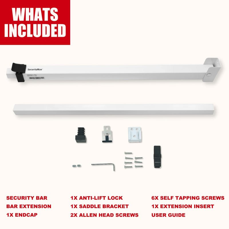 SECURITYMAN Sliding Door Security Bar-Child Proof Sliding Door Lock Bar with Anti Lift Lock - Fits Most Doors & Windows - Adjustable Patio Door Security Bar (18.75"- 51.1") - White