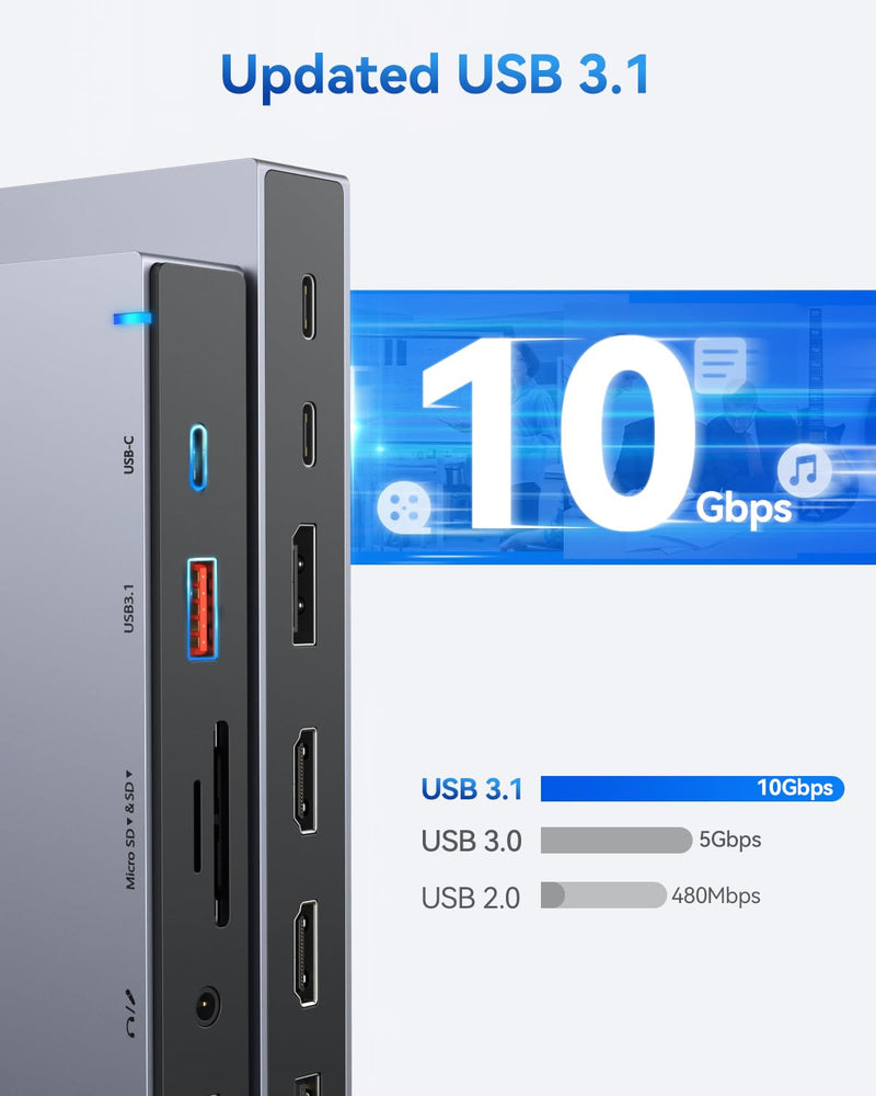 Dual HDMI Docking Station 3 Monitor,USB C Laptop Docking Station with 65W Power Adapter,2 HDMI Port,Displayport,USB 3.1/USB-C Data, Ethernet, Audio,SD&Micro SD Slot,PD Charging for Dell XPS/HP/Lenovo Gray