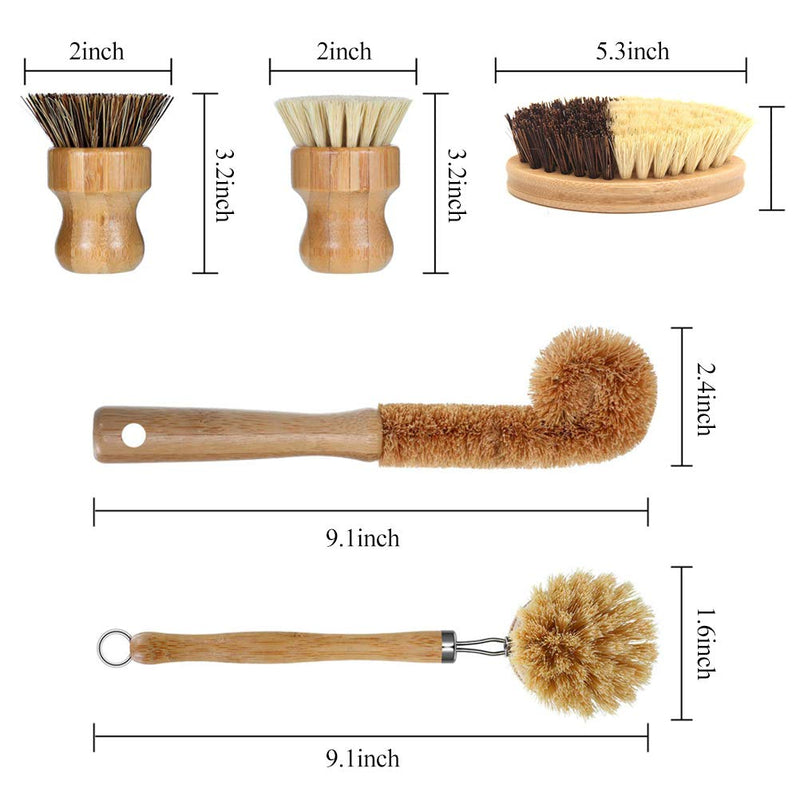5 Pack Natural Bamboo Cleaning Brush Set, Pot Dish Scrub Brush with Handle and Flannel Bag Kitchen Brushes for Cast Iron Pots, Pans, Vegetable and Kitchen Cleaning Type 2