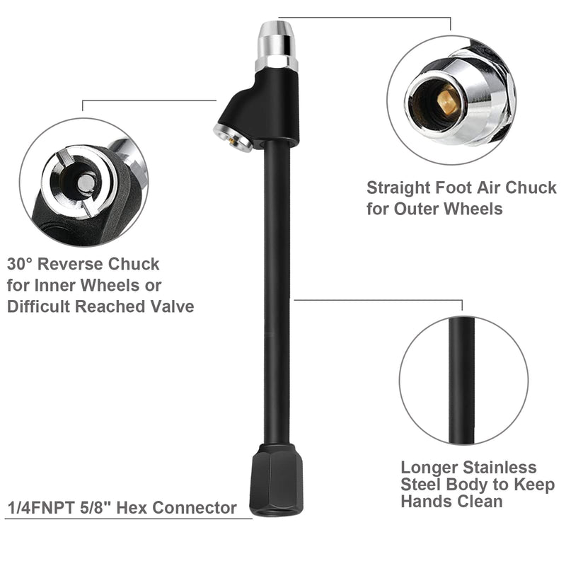 GODESON Air Chuck,1/4" FNPT Extended Reach Dual Head Air Chuck with Quick Plug,2-Way Connect Tire Chuck for Bikes,Motorcycle,Car,and Etc,Tire Air Chuck for Tire Inflator Gauge or Air Compressor