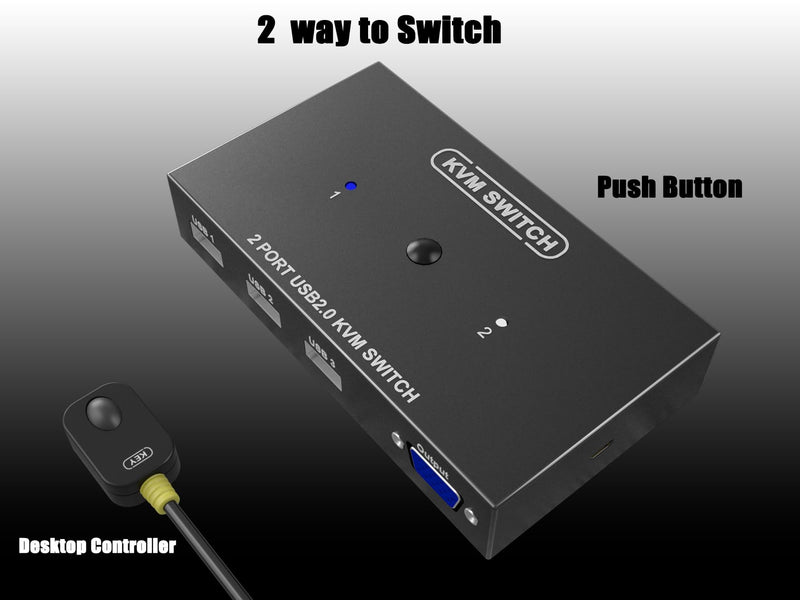 KVM Switch VGA 2 Port, DiamondTiger VGA KVM Switch for 2 Computers Share 1 Monitor & 3 USB 2.0 Keyboard Mouse Scanner Printer,U Disk, Driver-Free for All OS,2 KVM Cables 1 Desktop Controller Included VGA 2PC