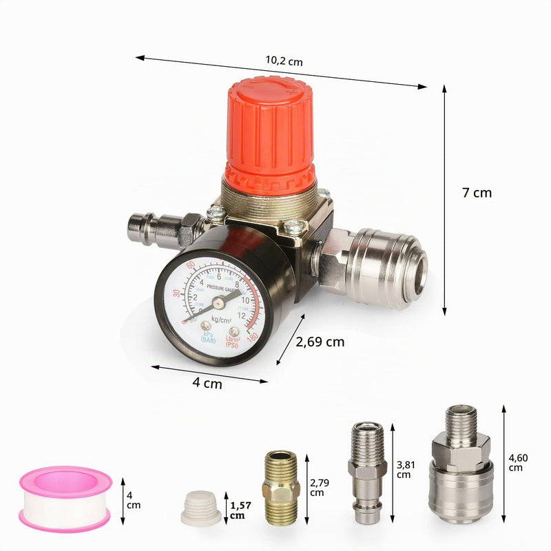 1/4 Inch Compressed Air Pressure Regulator, EU Standard, 4 Holes, with Pressure Gauge and Teflon Tape