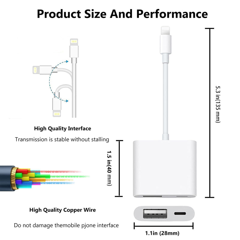 [Apple MFi Certified] Lightning to USB Camera Adapter with Charging Port for iPhone, USB 3.0 Female OTG Cable for iPad to Connect Card Reader USB Flash Drive U Disk Keyboard Mouse Hubs Midi OTG + Charging Port to Lightning