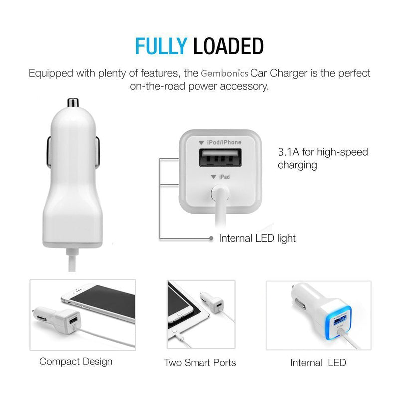 Car Charger, [Apple MFI Certified] by GemDox for Fast Car Charging Compatible with iPhone 15, 14,13, 12, 11, Xs max/XR/x/8/7/6s, iPad, Note, Galaxy with Extra USB Port (White) White