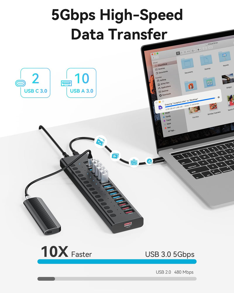 Powered USB Hub, 16-Port USB C Hub Splitter (10 USB 3.0+2 Quick Charging+2 Smart Charging+2 USB C) with Individual Switches, 90W Power Adapter for PC