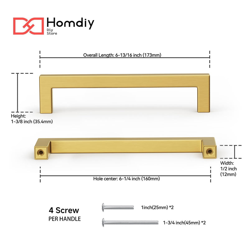 homdiy 10 Pack 6-1/4 Inch Gold Handles for Cabinets Kitchen Cabinet Handles Brushed Brass Cabinet Pulls Gold Hardware for Cabinets Stainless Steel Modern Hardware 6-1/4inch(160mm) Hole Center