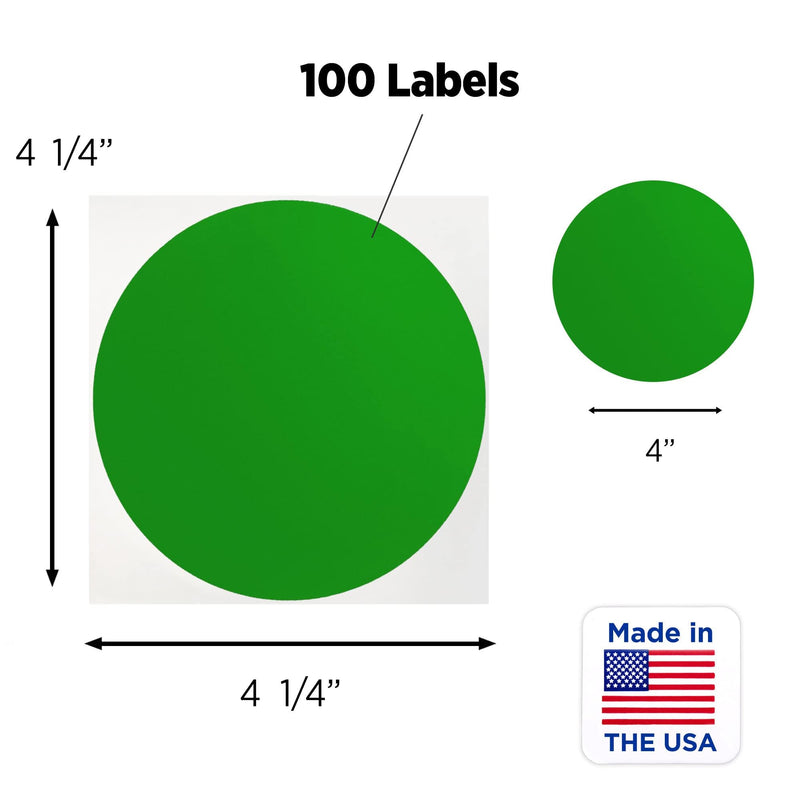 ChromaLabel 4 Inch Round Label Permanent Color Code Dot Stickers, High Visibility for Warehouse Inventory, 100 Labels per Pack, Green
