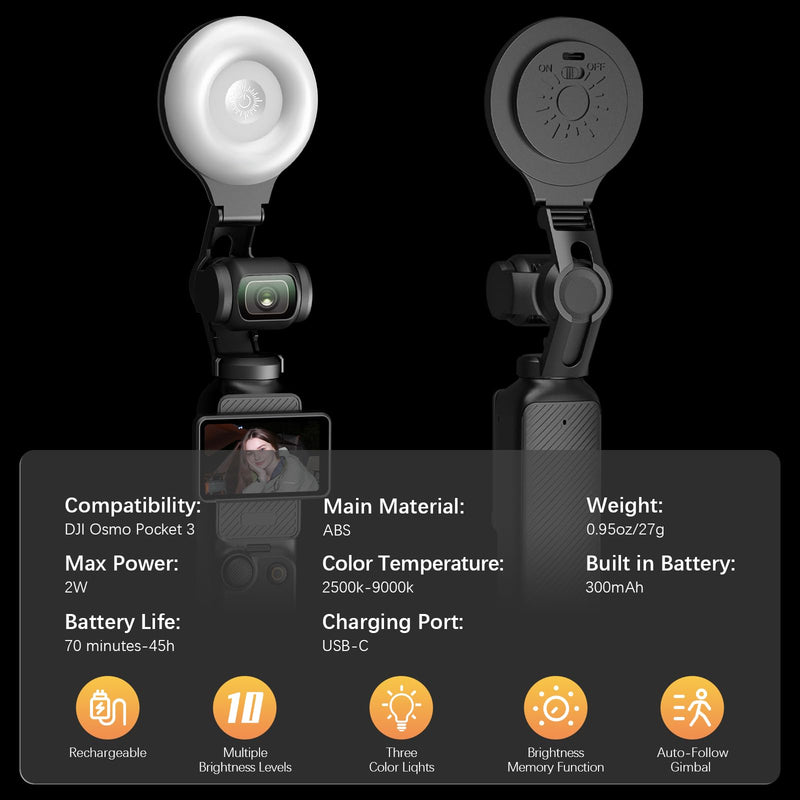 LED Light for DJI OSMO Pocket 3 Accessories, Auto-Follow Gimbal Selfie Vlog Video Auxiliary Fill Lighting, CRI≥95, 3-Color Temp 2500-9000K Brightness Adjustable, 2W USB-C (Black)
