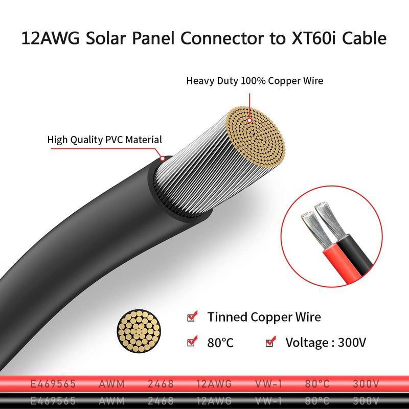 12AWG 2FT Solar to XT60i Cable 2 10 25 35 50 75 100FT Solar Connector to XT60i Adapter Cable for Portable Power Station (2FT) 12AWG Solar to XT60i Cable