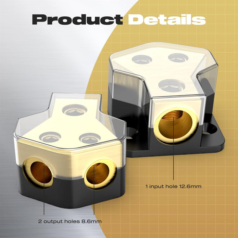 Distribution Block Car Audio, 2 Way Power Distribution Block 0/2/4 Gauge in 4/8/10 Gauge Out Amp Power Distribution Block Car Audio Splitter for Vehicles Boats 1PCS