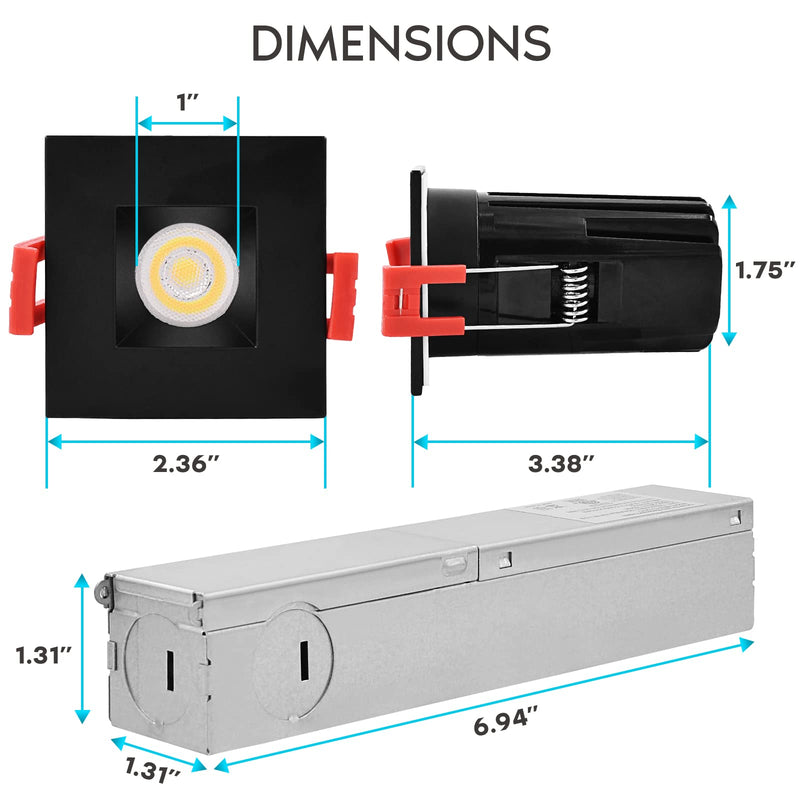 LUXRITE 1 Inch Square LED Recessed Lighting with Junction Box, 7W, 5 Color Selectable 2700K-5000K, CRI 90, 500 Lumens, 30° Spotlight, Small Dimmable Downlight, Wet Rated, IC Rated - Black