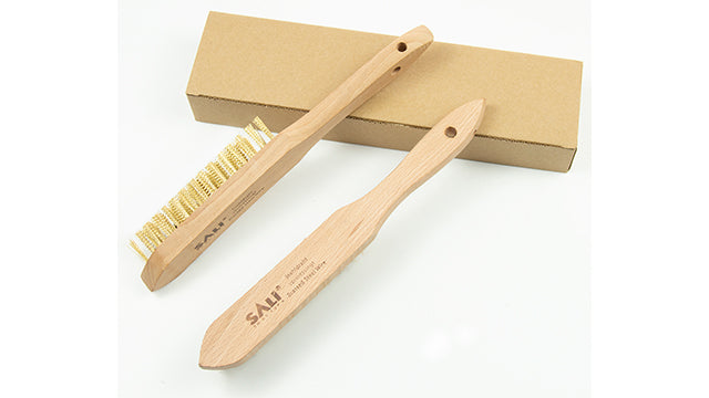 SALI Wire Brushes for Cleaning Rust Removal Plated Copper Bristles Tool for Automotive,Paint , Welding Slag,Grill,Household Clean 11" Long Curved Beechwood Handle , 14X4 Rows Bristles Pack of 12