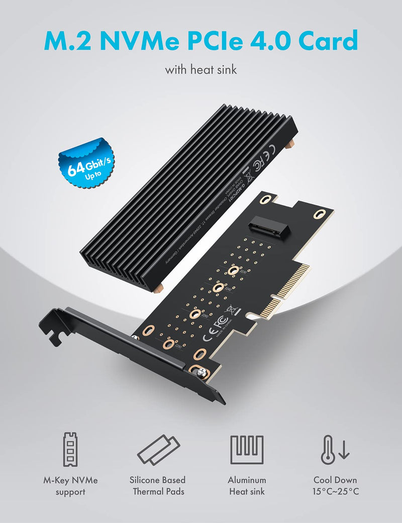 GRAUGEAR PCIe M2 Adapter Card for NVMe SSD M.2 PCIe 4.0x4 [Big Aluminum Cooler] | PCIe M2 Adapter NVMe Card for M.2 SSD PCIe 4.0x4, 64 Gbps, Compatible with M2 SSD M-Key of Lengths 2280, 2260, 2242, 2230