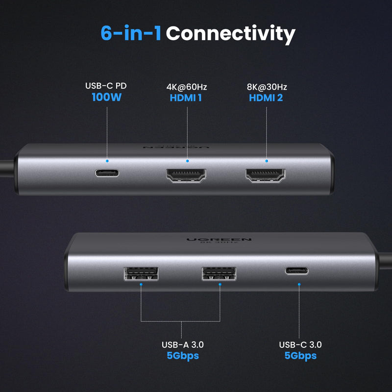 UGREEN Docking Station, Revodok 206 USB C Hub (6-in-1) with Dual 4K@60Hz, Single 8K@30Hz, 100W Power Delivery, 3X 5Gbps USB Data Ports, USB-C Dock for Thinkpad, HP, Dell Laptops and More