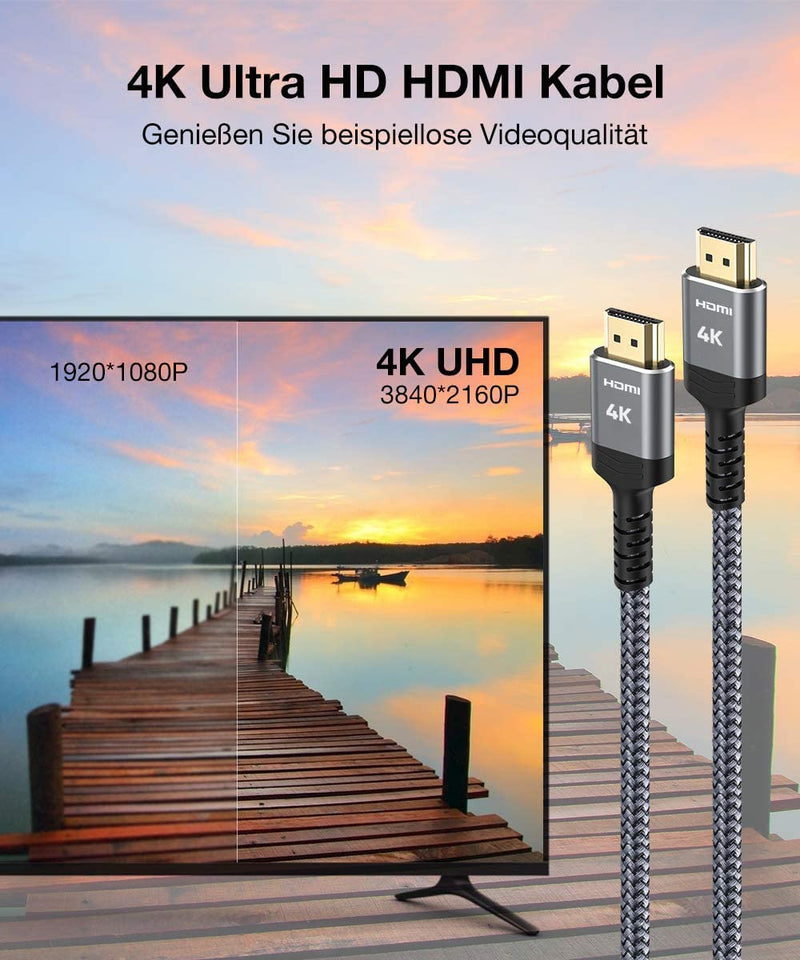 SNOWKIDS 4K HDMI cable 2 meters, HDMI cable 4K@60Hz nylon braid gold-plated connectors with Ethernet/audio return channel, compatible with video 4K 2160p, 1080p-gray
