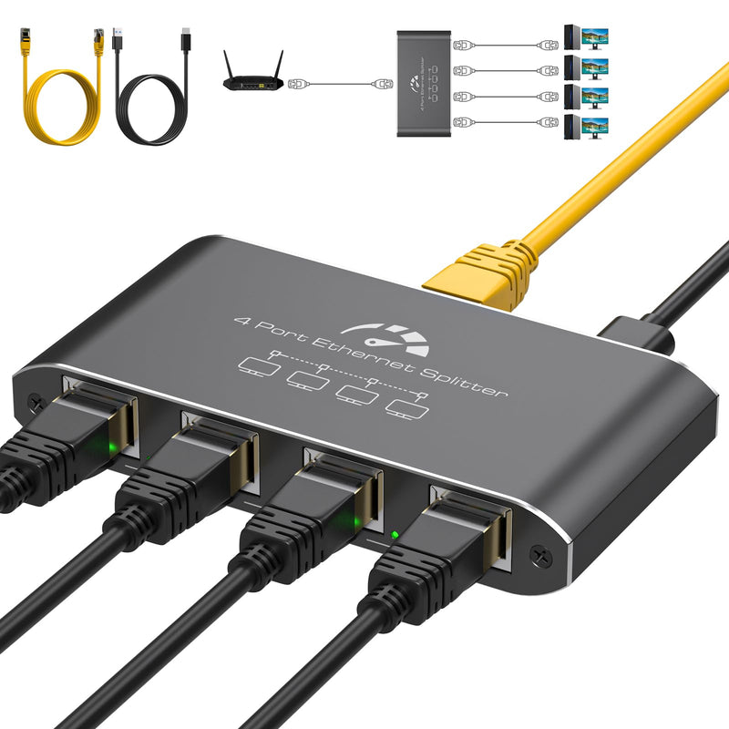 Ethernet Splitter 1 to 4 1000Mbps High Speed Internet Splitter, Gigabit Network Splitter with an Ethernet Cable and a USB Power Cable, 1 in 4 Out LAN RJ45 Splitter Work with Cat 6/7/8 Cable