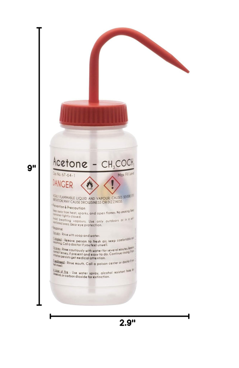 EISCO 6PK Wash Bottle for Acetone, 500ml - Labeled with Color Coded Chemical & Safety Information (4 Colors) - Wide Mouth, Self Venting, Low Density Polyethylene Labs 6