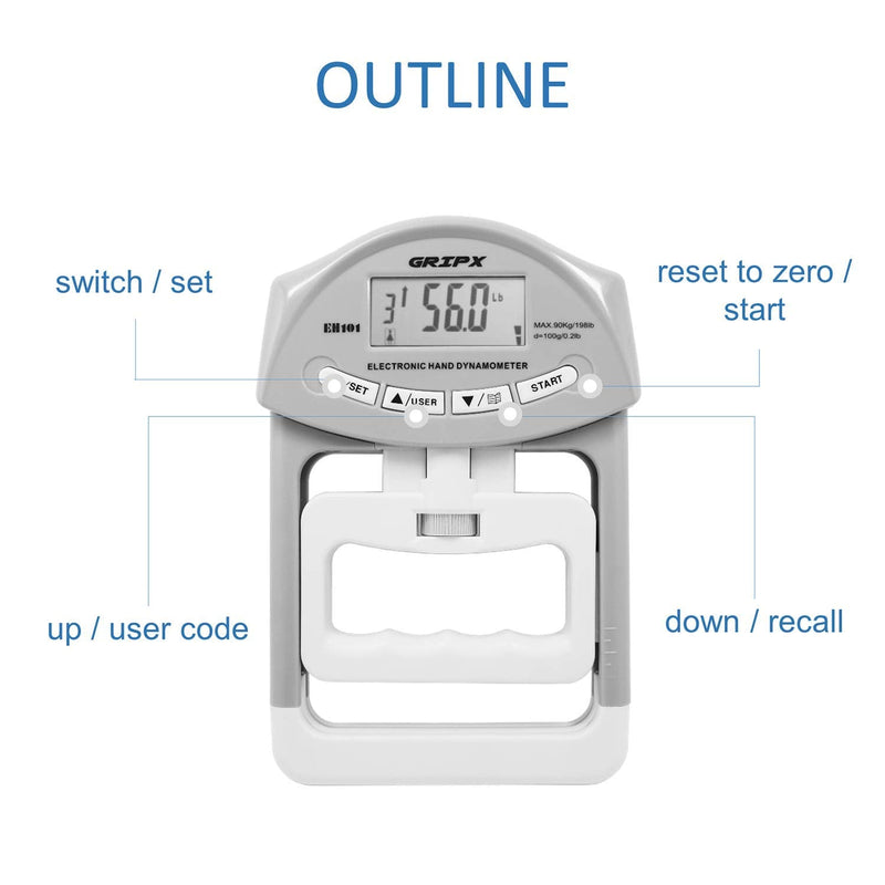 Digital Hand Dynamometer Grip Strength Measurement Meter Auto Capturing Electronic Hand Grip Power 198Lbs / 90Kgs Grey