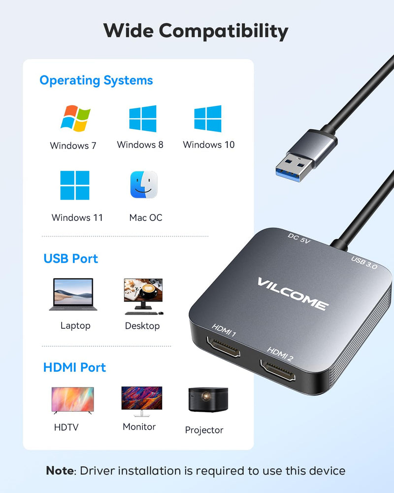 vilcome USB to HDMI Adapter, USB 3.0 to Dual HDMI Adapter with USB 3.0 Port, HDMI to USB Audio Video Graphics Converter Cable for Laptop Monitor Desktop TV, Compatible with Mac OS, Windows Dark Gray