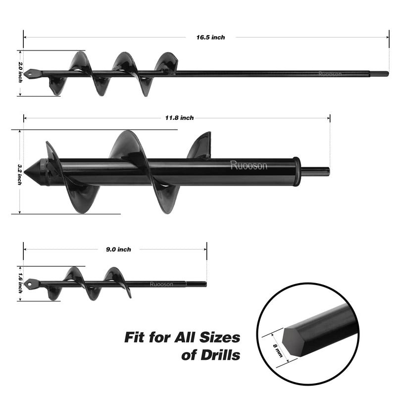 3Pcs Garden Drill Auger Planter, 1.6x9 +2x16.5 +3.2x11.8 in>Ruooson Spiral for Planting Flower Bulb Auger, Rapid Planter Digger for 3/8" Hex Drive (1.6x9 in+2x16.5 in+3.2x11.8 in)