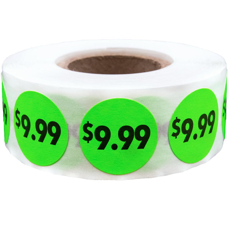 Fluorescent Green 9.99 Stickers – 3/4 Inch Round Circle Labels, 500 Total Adhesive Stickers Per Roll for Retail Pricing, Product Marking, and Inventory – Made in the USA $9.99