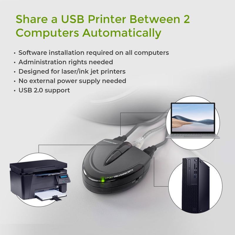 IOGEAR 2 Port USB 2.0 Switch - Auto Printer Switch - Manually or Auto Control - LEDs Indicate - Plug n Play - GUB231 2 Computer