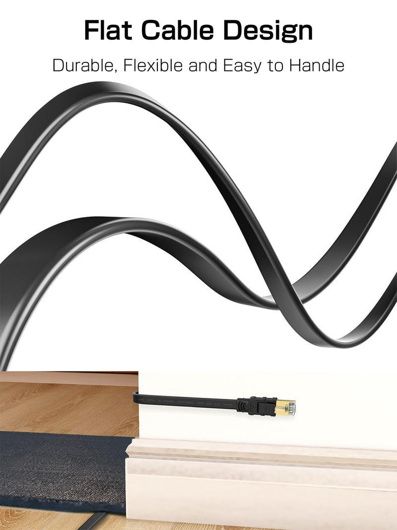 Cat 8 Ethernet Cable 20FT, High Speed 40Gbps 2000Mhz Flat Internet Network Patch Cord, RJ45 Shielded Outdoor&Indoor LAN Cable, Compatible for Gaming, PC, PS5/4/3, Xbox, Modem, Router Black 1