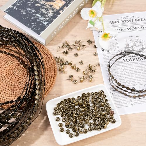 Supkiir 66ft D11mm Upholstery Tack Strip, Brass Decorative Nailhead Trim with Single Tacks, Antique Plated Upholstery Nail Strips Tool for Furniture Sofa Couch Chair Decor